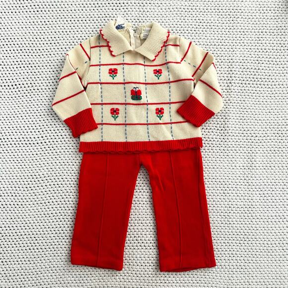 Little Angel Red Cream Two Piece Cottage Floral Knit Sweater Pants Set 2 Toddler - Picture 1 of 9